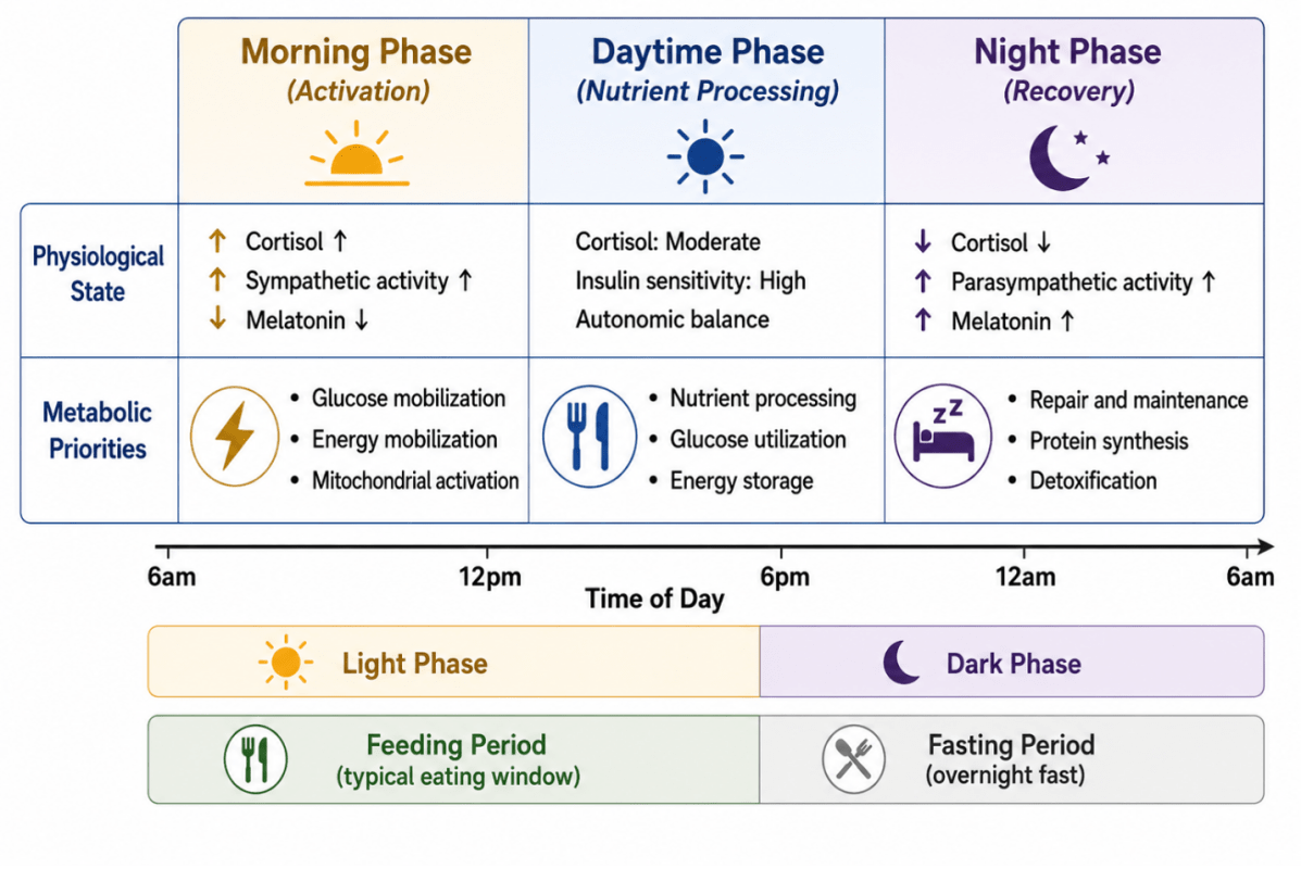 24-hour circadian rhythm diagram showing Morning Phase, Daytime Phase, and Night Phase with physiological states, metabolic priorities, and a feeding window along a daily timeline.