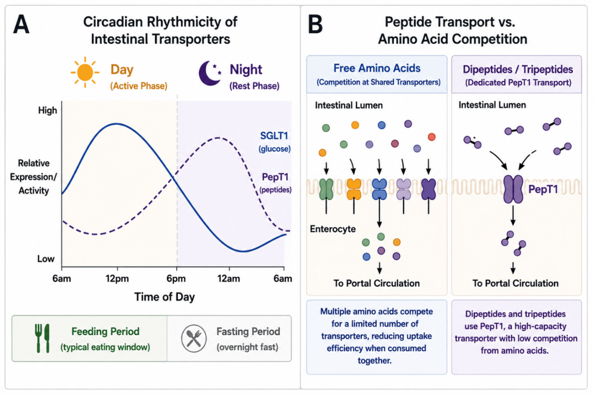 Infographic showing two panels: A compares day/night transporter activity and a feeding/fasting legend; B contrasts amino acid transport vs peptide transport with enterocyte diagrams.
