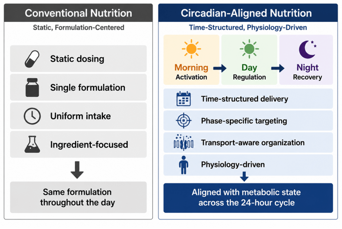 Comparison of Conventional Nutrition vs Circadian-Aligned Nutrition: left panel lists static dosing, single formulation, uniform intake, ingredient-focused approach, ending with same formulation all day; right panel shows circadian approach with morning activation, day regulation, night recovery, plus four benefits culminating in 24-hour metabolic alignment.