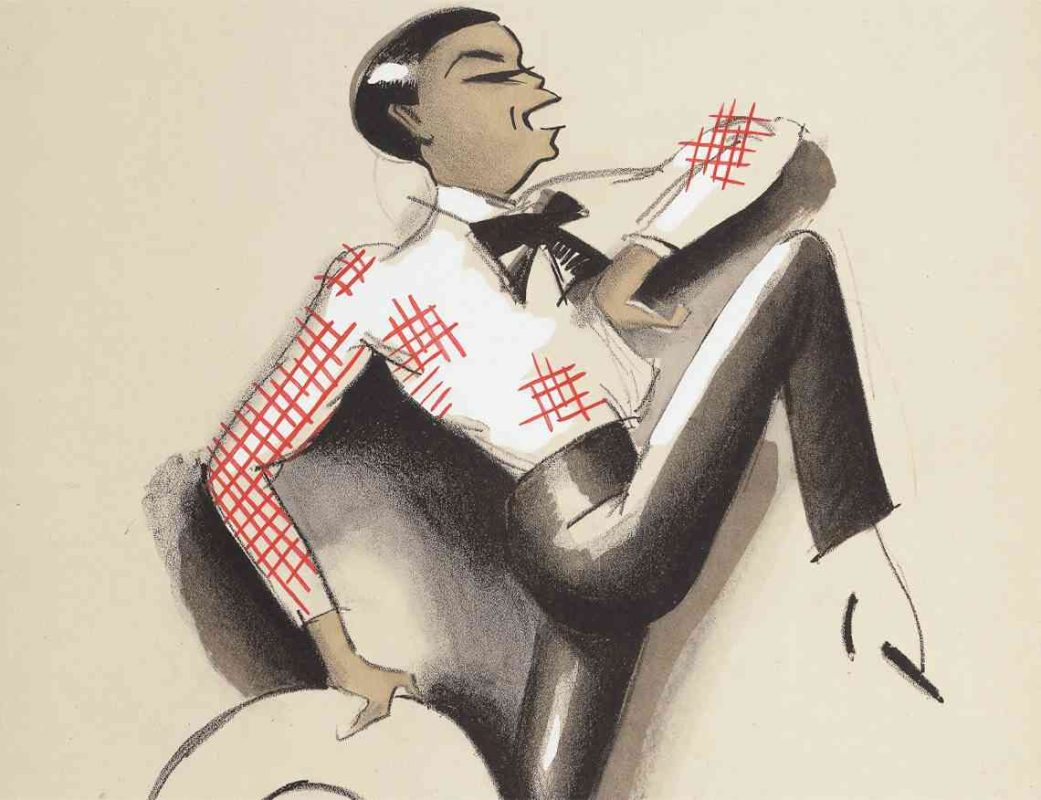 Stylized cartoon of a man in a white shirt with red cross-stitch patches, reclining with one leg bent.