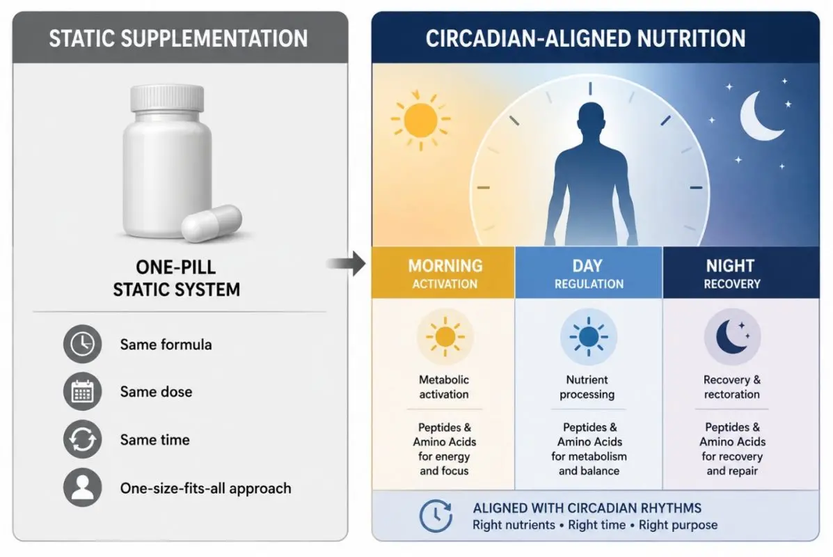 Time-Structured Peptide Nutrition: A New Direction in Metabolic Supplementation 2 Static Supplementation vs Circadian-Aligned Nutrition