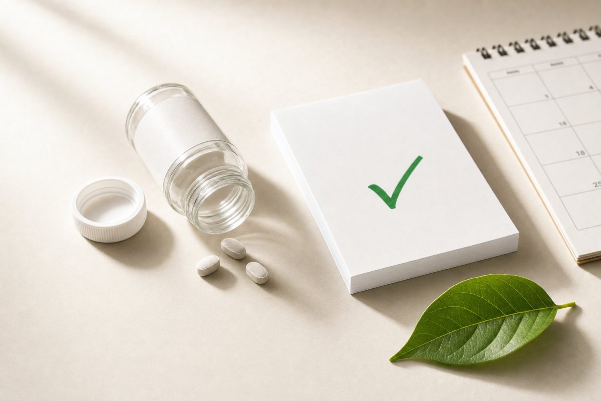 Open pill bottle with a few white tablets spilled beside a white card with a green checkmark, a calendar, and a green leaf on a beige surface.