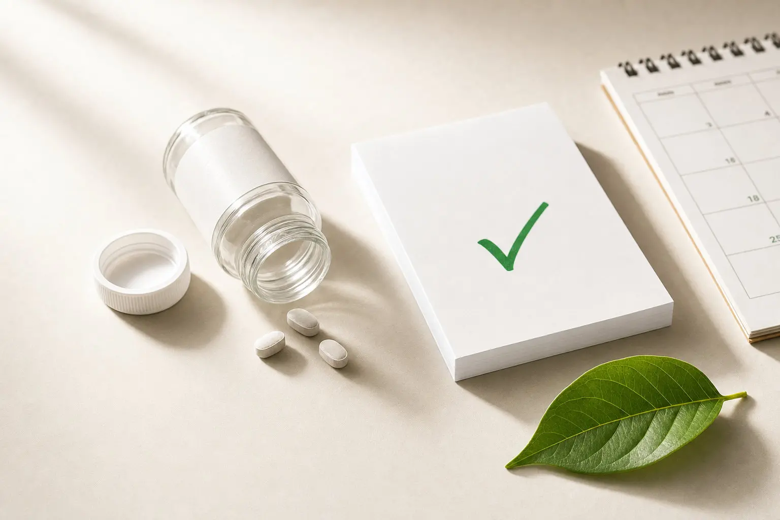 Open pill bottle with a few white tablets spilled beside a white card with a green checkmark, a calendar, and a green leaf on a beige surface.